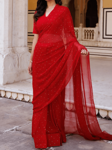 Red Chiffon Mukaish Work Pre-Stitched Saree