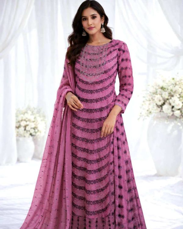 Indian georgette 3 piece | Unistitch 3 piece | Dress long: 50 " | Salower :  2.5 goj | Orna :  chiken kari work